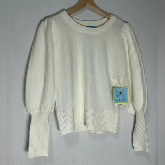 CeCe Essentials Antique White Puff Sleeve Crew Neck Sweater 7051226 XS NEW‎ - Picture 2 of 5